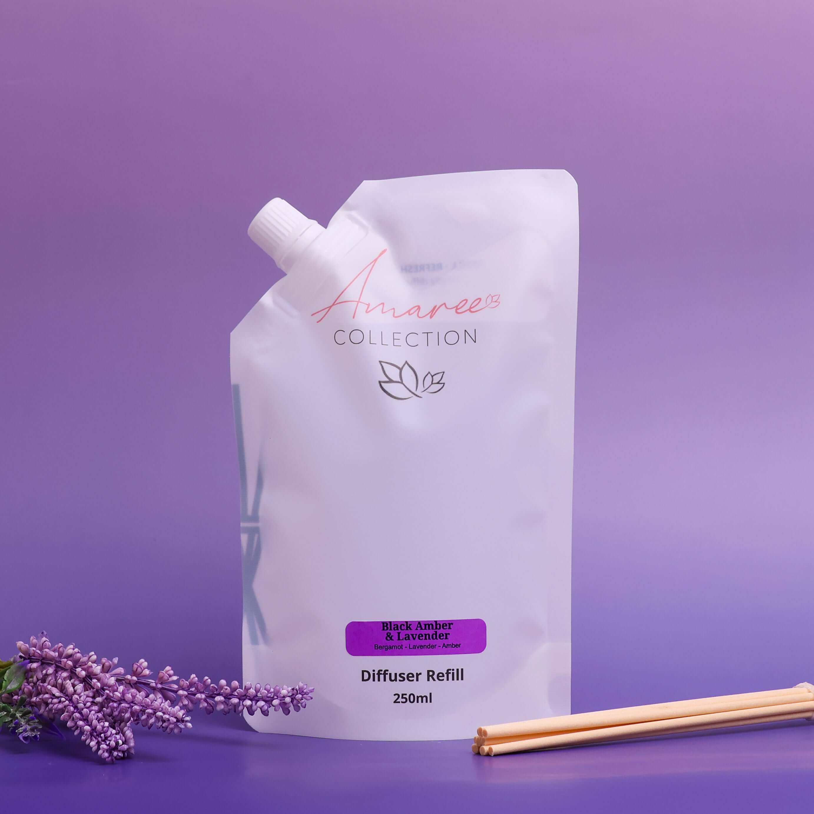 Black Amber & Lavender Reed Diffuser Refill 250ml in elegant packaging with lavender accents.