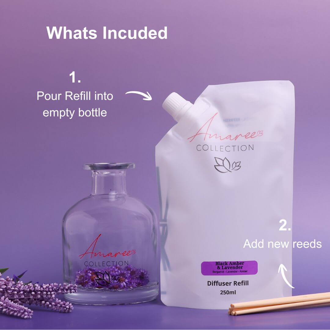 Black Amber & Lavender Reed Diffuser Refill 250ml with instructions for use and packaging.