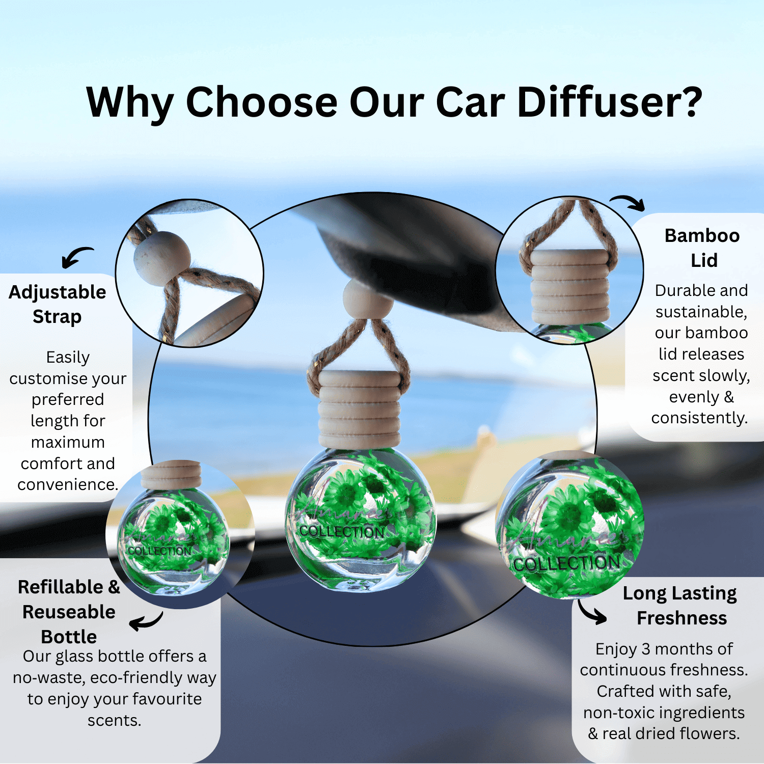 Coconut & Lime Car Diffuser hanging in car with adjustable strap, bamboo lid and refillable glass bottle for long lasting fresh scent