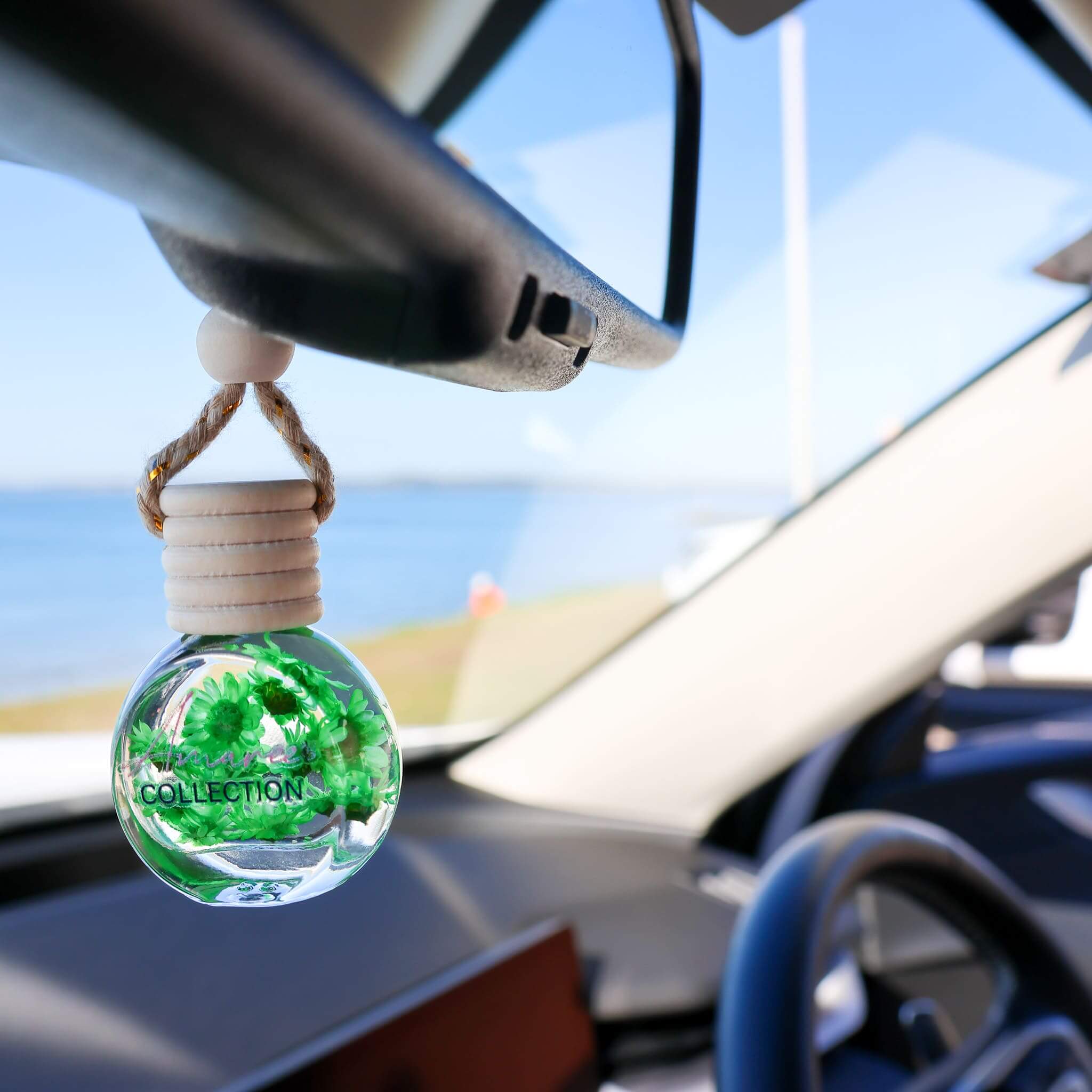 Coconut & Lime Car Diffuser hanging in car interior with tropical scenic ocean view in background