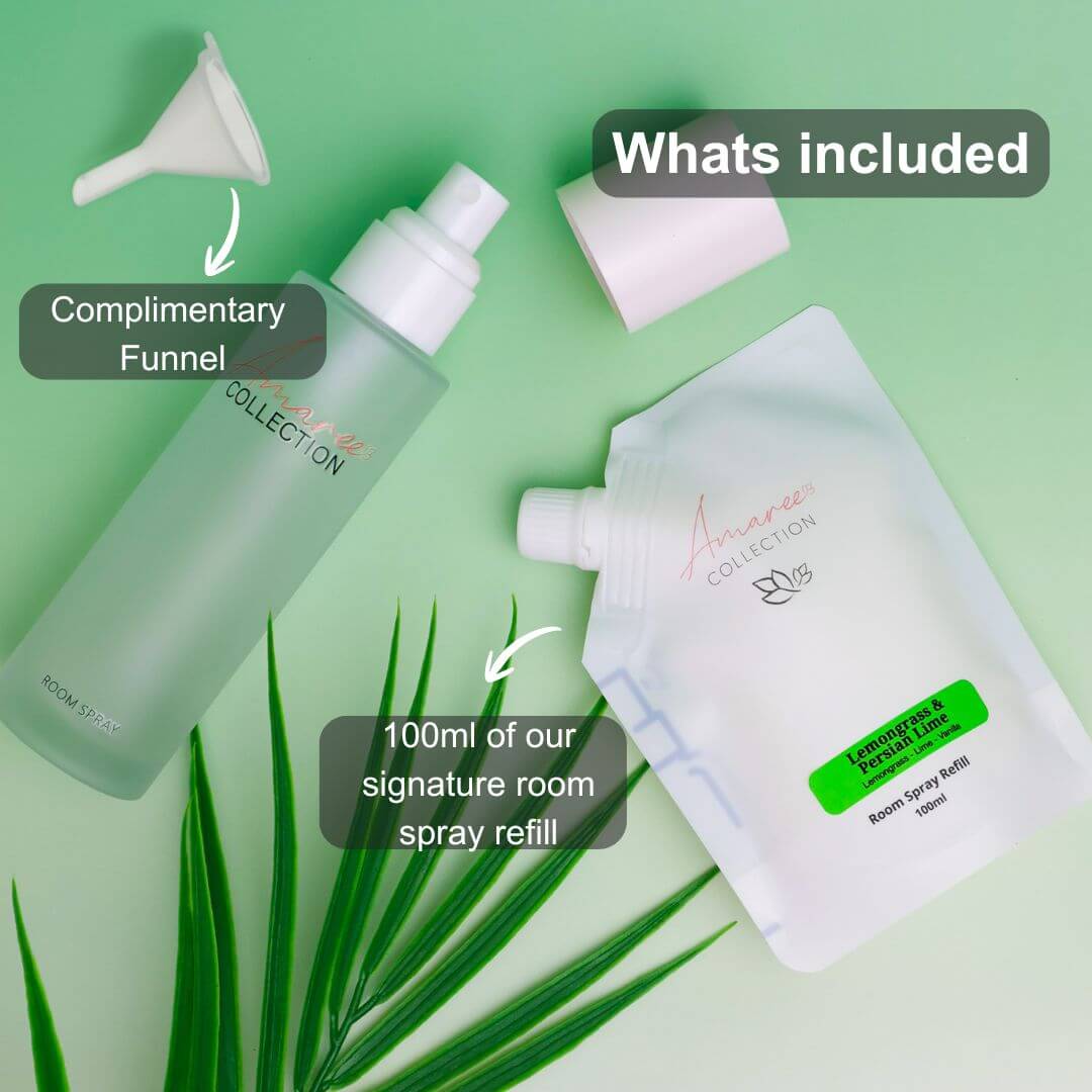 Lemongrass Room Spray Refill 100ml with complimentary funnel and packaging included, perfect for home refreshing.