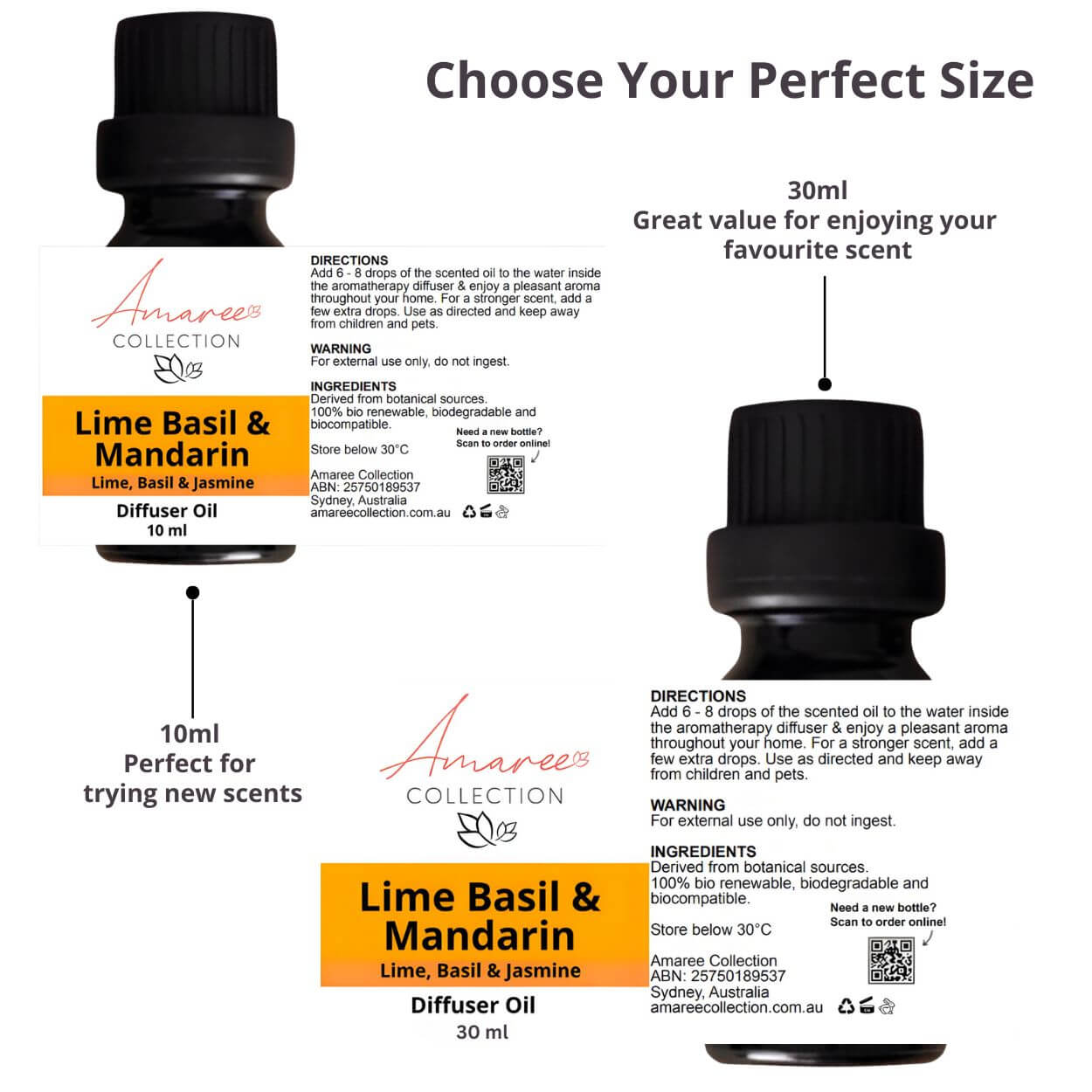 Lime Basil & Mandarin Diffuser Oil product packaging showing 10ml and 30ml sizes, perfect for different scent preferences.
