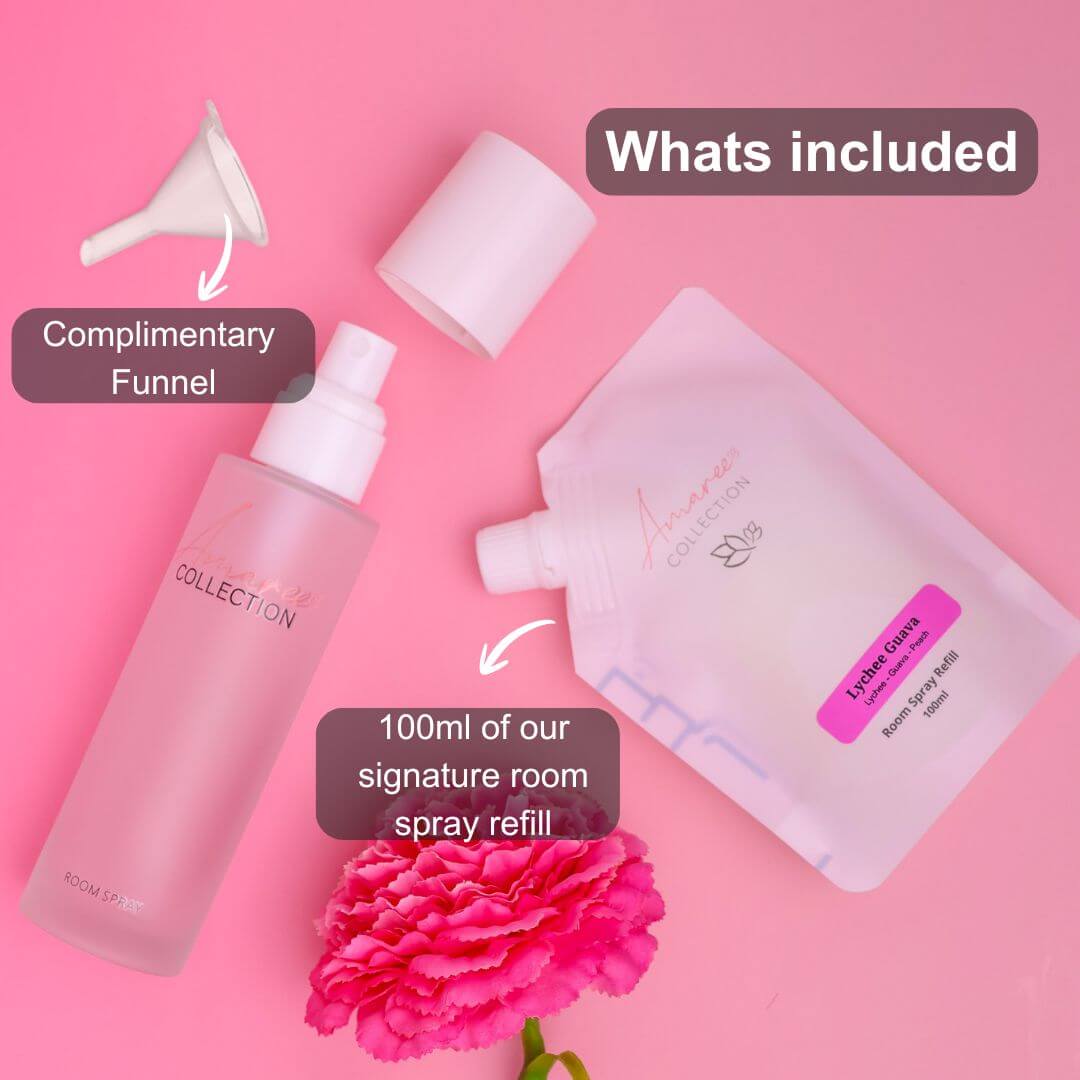 Lychee Guava Room Spray Refill 100ml with complimentary funnel and signature room spray pouch, displayed on pink background.