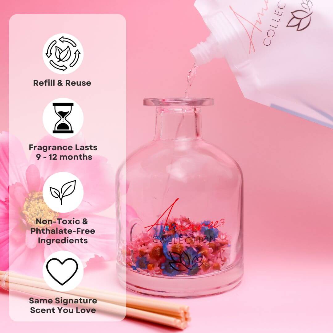 Pouring Pink Champagne & Exotic Fruits Reed Diffuser Refill 250ml into a glass diffuser with flowers.