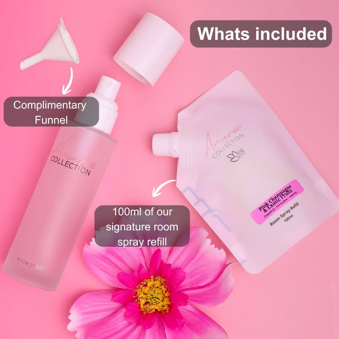 Pink Champagne & Exotic Fruits Room Spray Refill 100ml with complimentary funnel included in the package.
