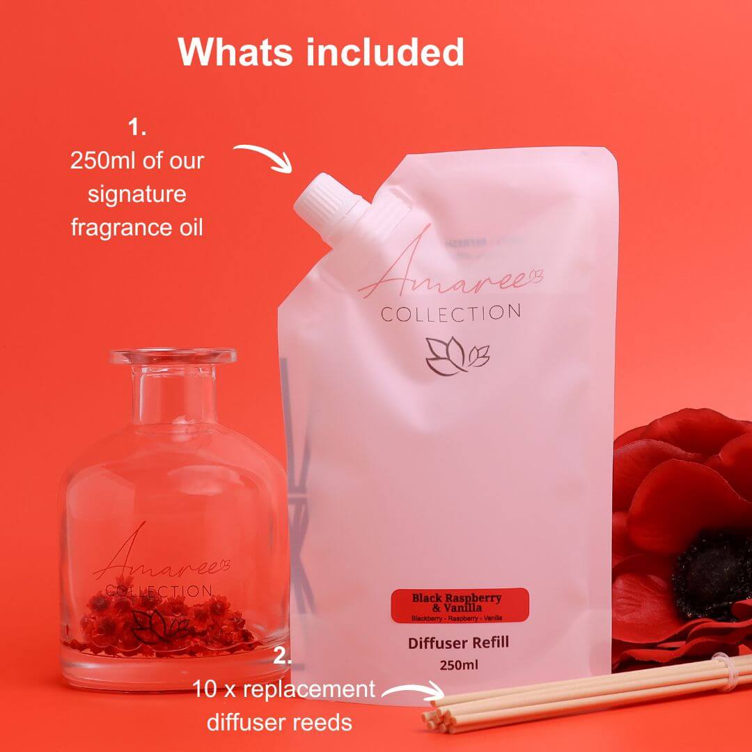 Black Raspberry & Vanilla Reed Diffuser Refill 250ml black raspberry vanilla reed diffuser with replacement reeds on pink background