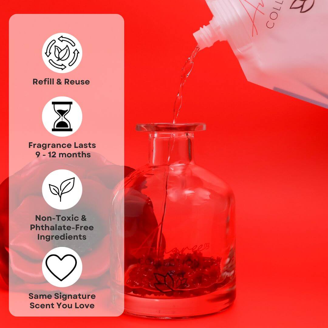 black raspberry vanilla reed diffuser refill being poured into clear glass bottle, long-lasting non-toxic home fragrance