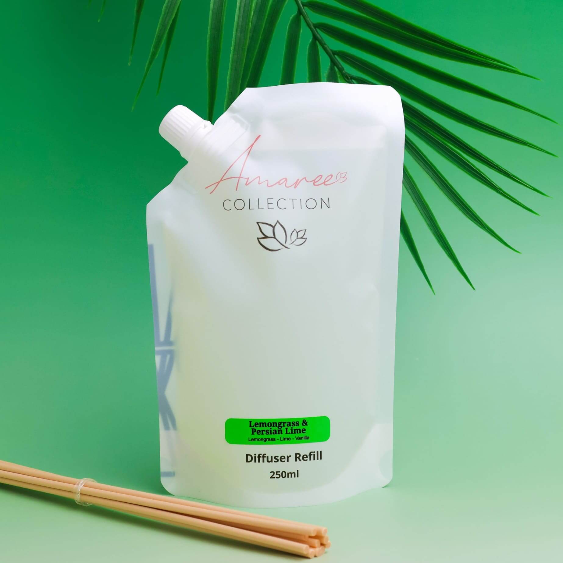 Lemongrass & Persian Lime Reed Diffuser Refill 250ml in a white pouch against a green background.