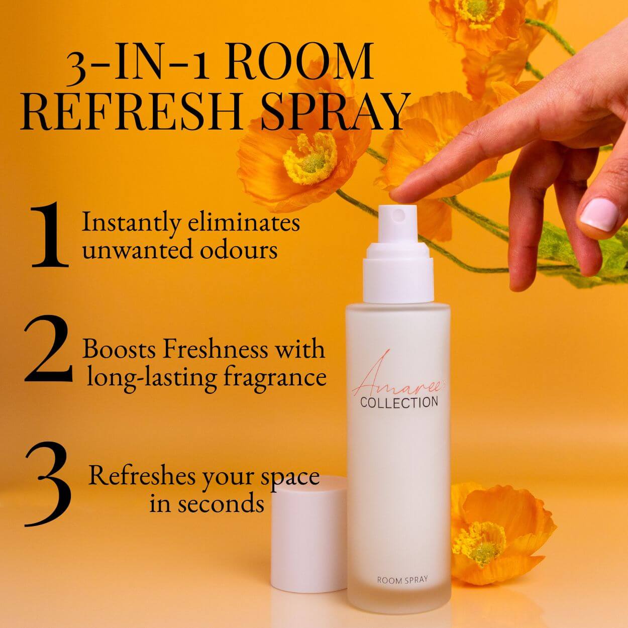 3-IN-1 ROOM REFRESH SPRAY for eliminating odours, boosting freshness, and refreshing your space, Amaze Collection.