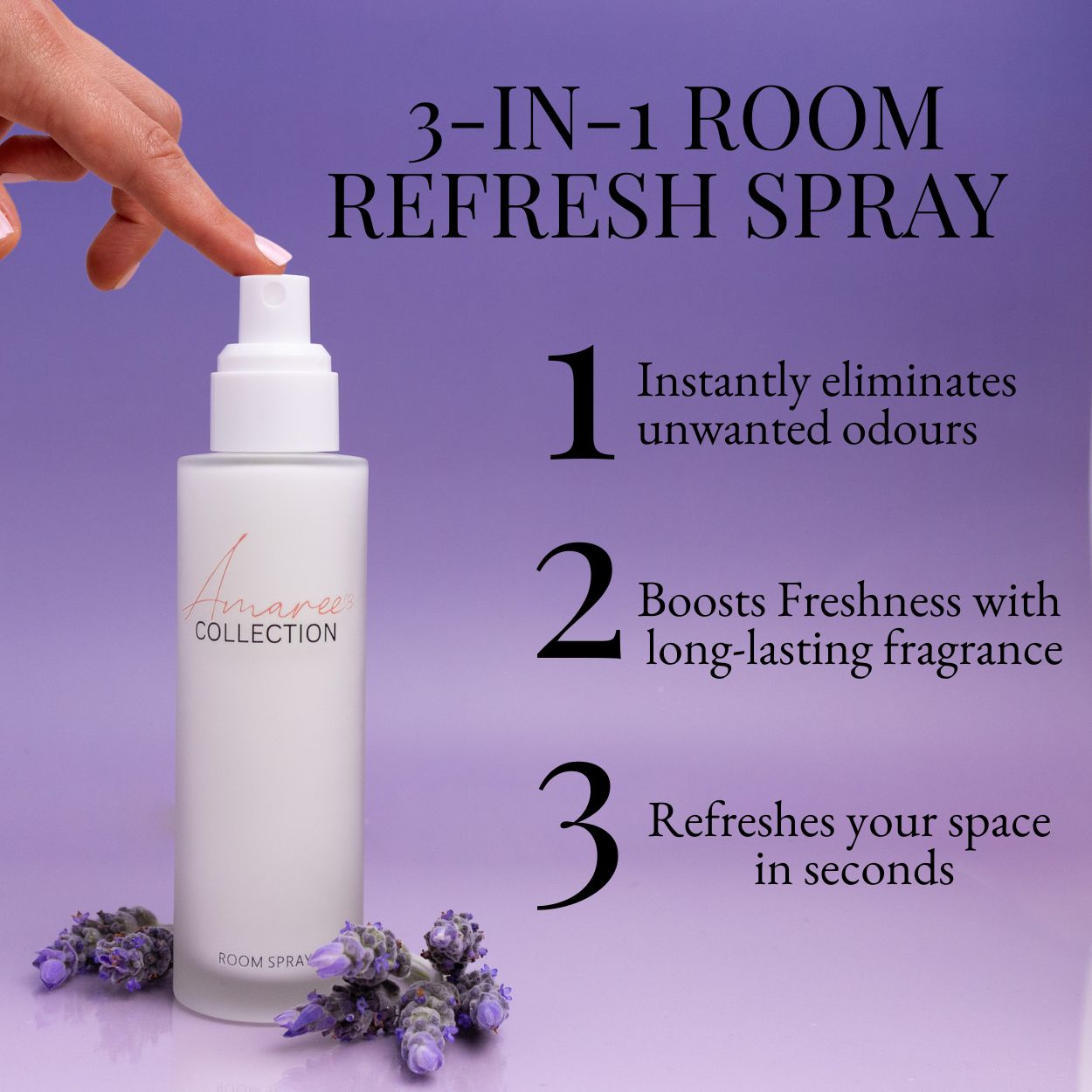 3-IN-1 ROOM REFRESH SPRAY that instantly eliminates unwanted odours, boosts freshness, and refreshes your space.