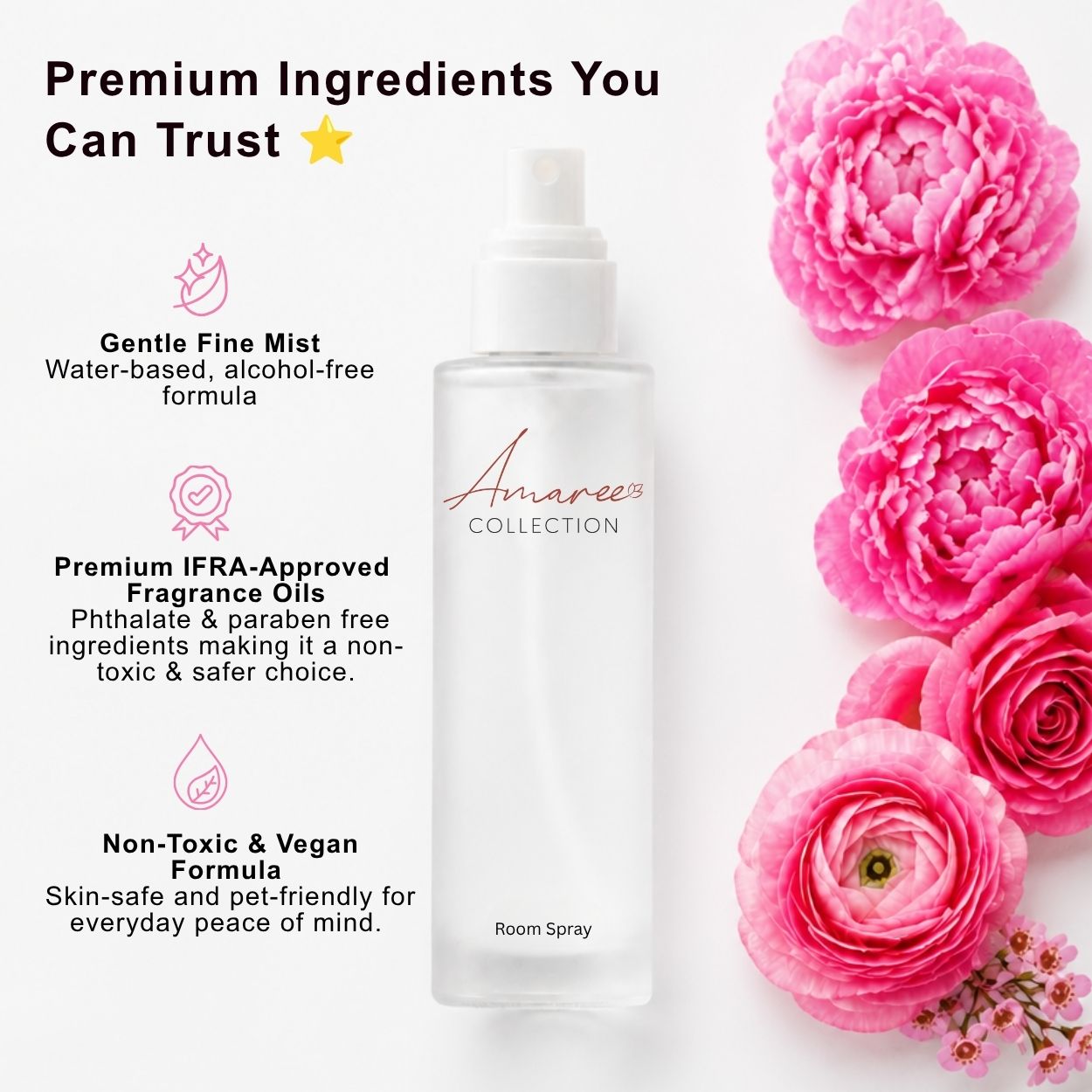 A clear room spray bottle labeled &