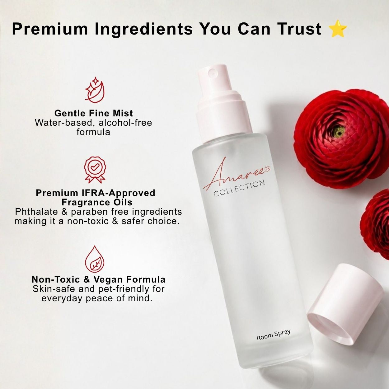 A frosted glass room spray bottle with a white cap removed and placed beside it, shown on a light background with marketing text and red flowers. The bottle reads &