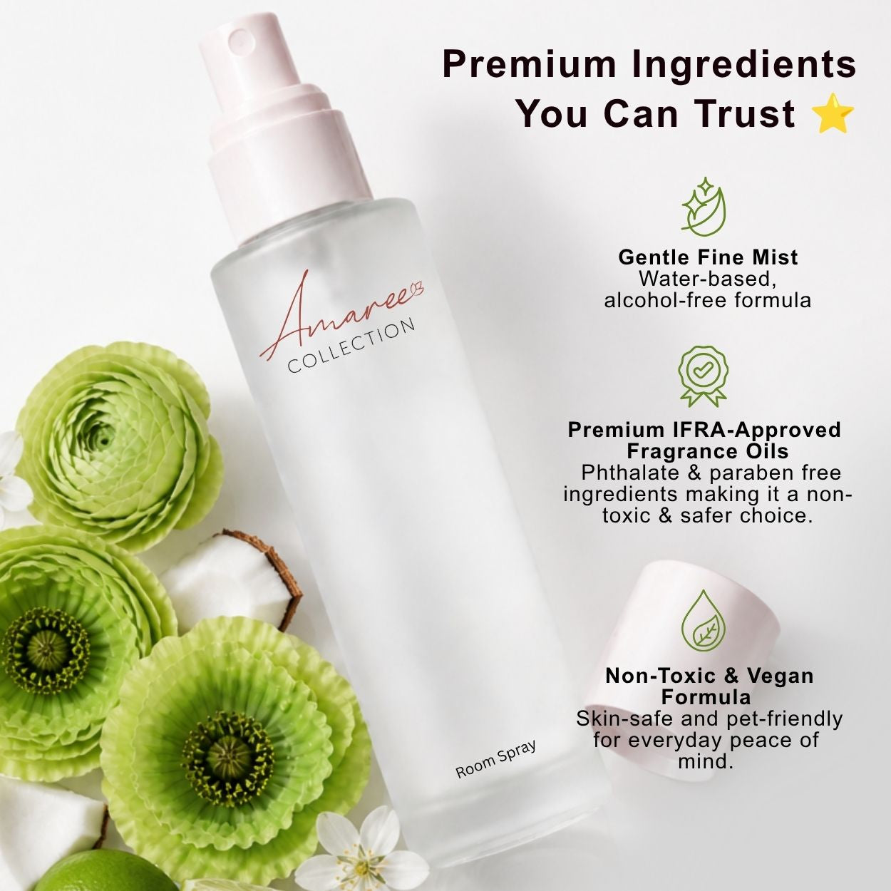 A frosted glass room spray bottle from Amaree Collection with a white pump, displayed alongside green flowers and text highlighting its premium ingredients and benefits.