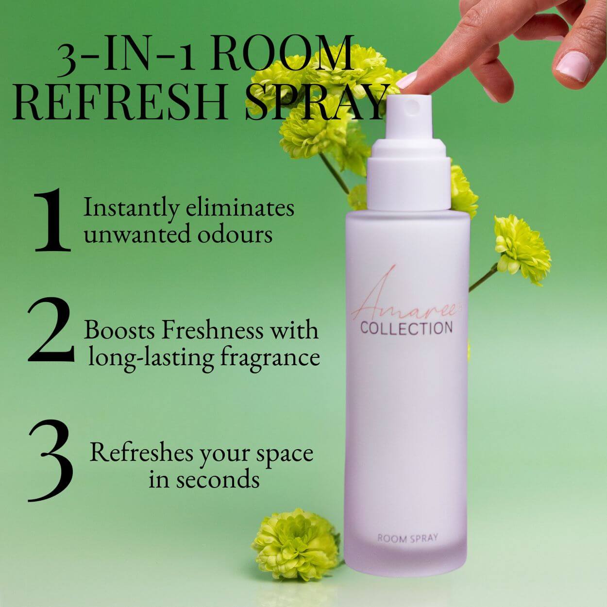 3-IN-1 ROOM REFRESH SPRAY from Amare Collection for instantly eliminating odours and boosting freshness.