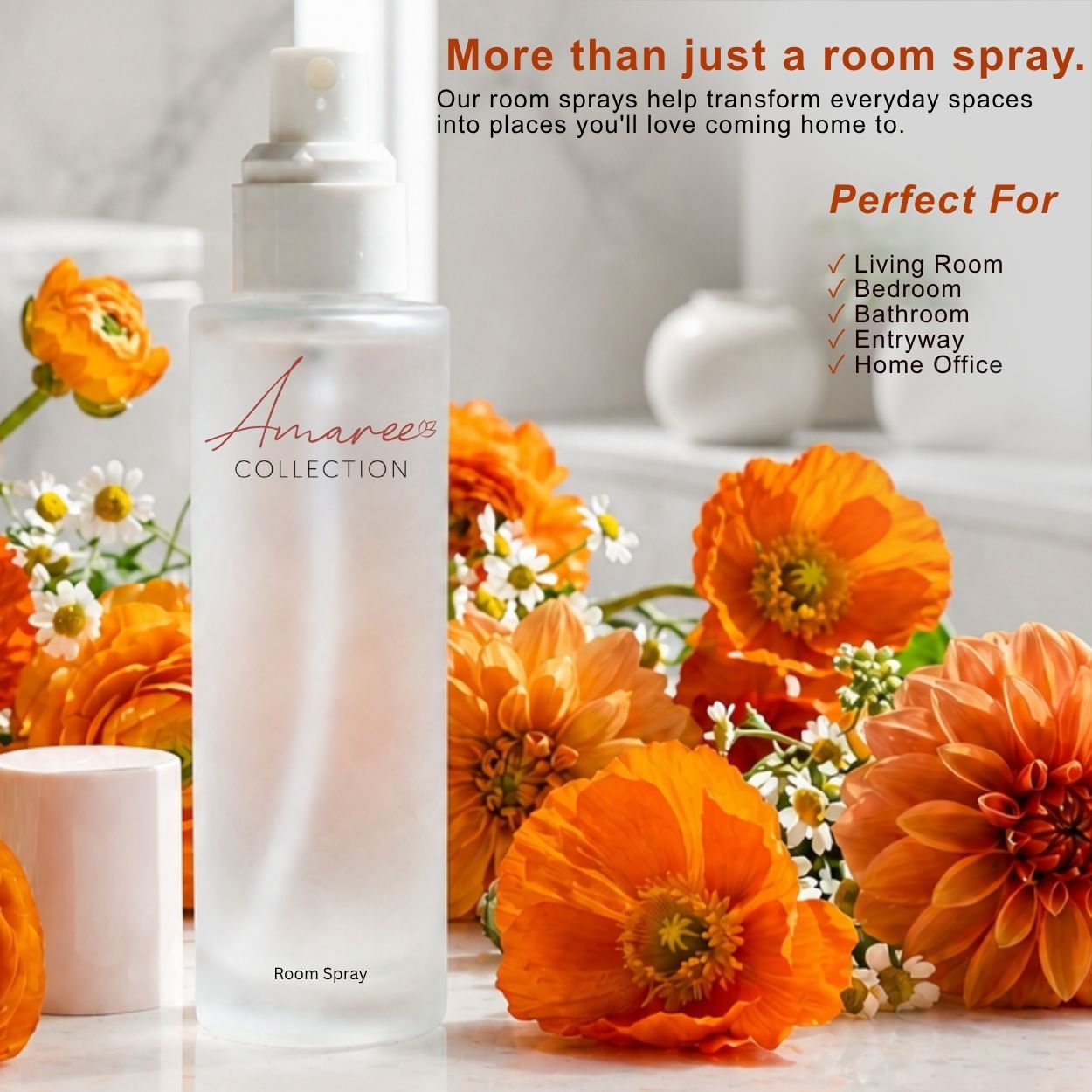 A frosted white room spray bottle labeled &
