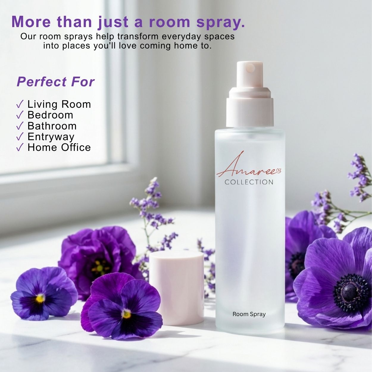 A frosted glass room spray bottle labeled &