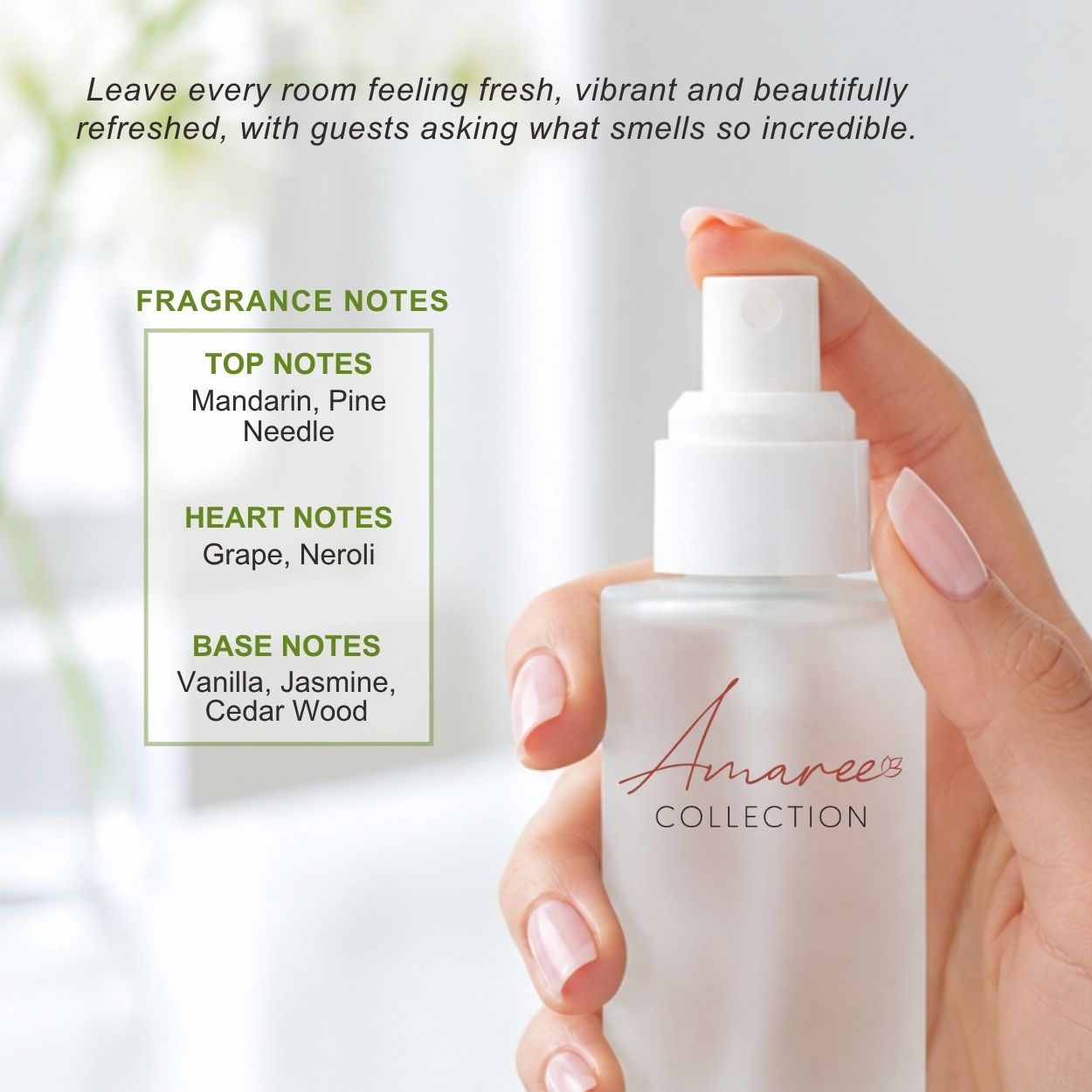 A hand with pale pink manicured nails holds a frosted glass spray bottle labeled &