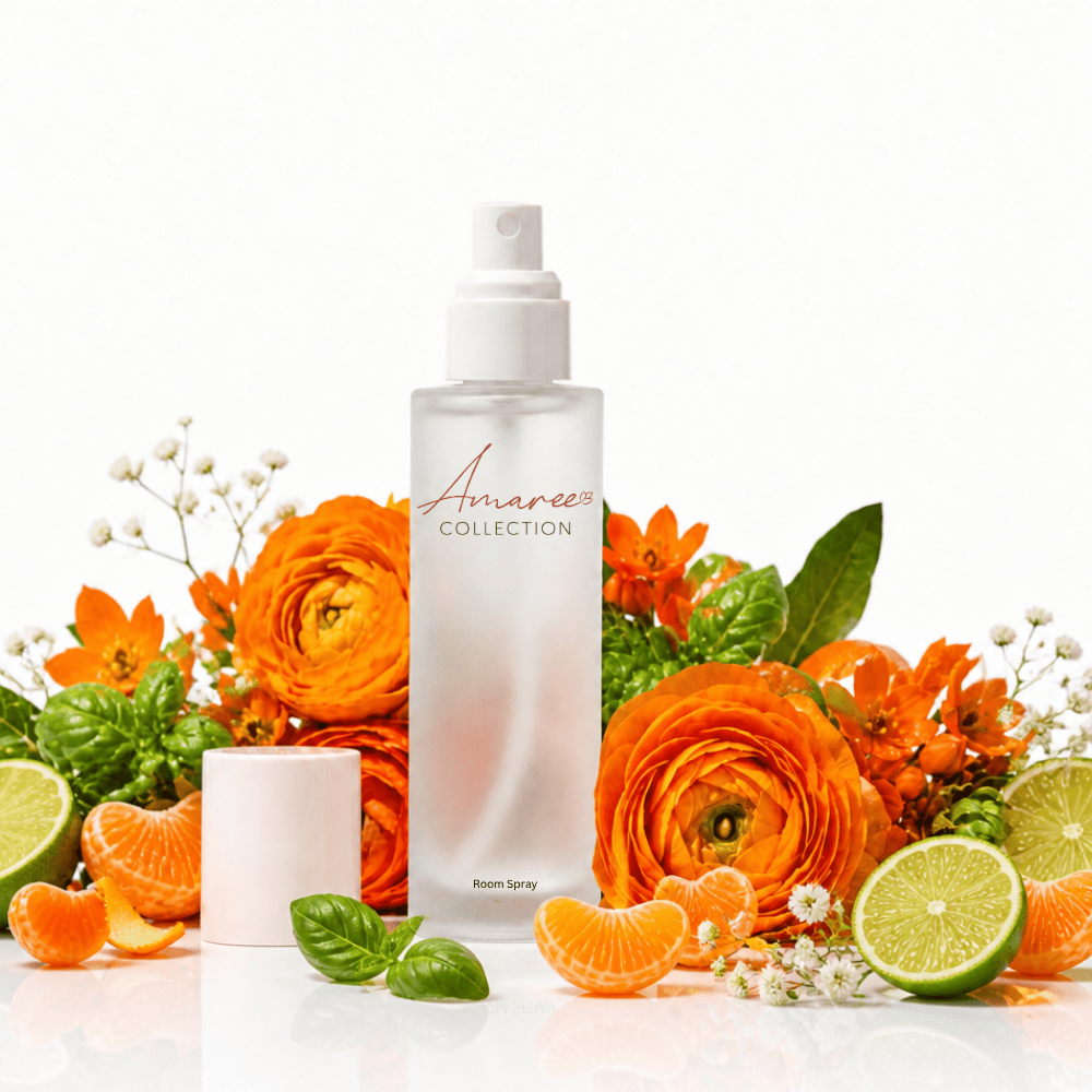 A frosted glass room spray bottle with a white pump and a white cap, labeled &