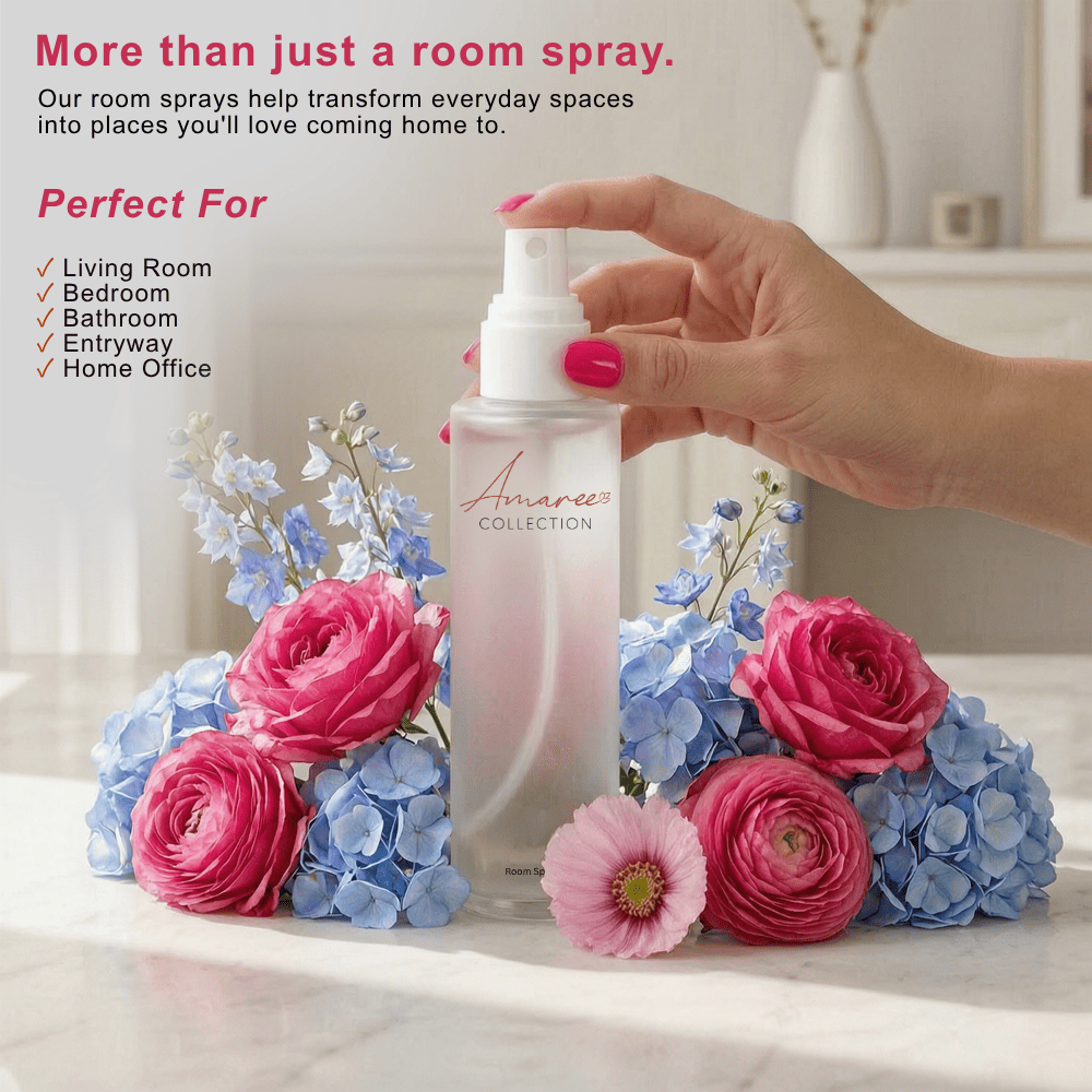 A hand with pink nail polish holds a frosted glass room spray bottle labeled &