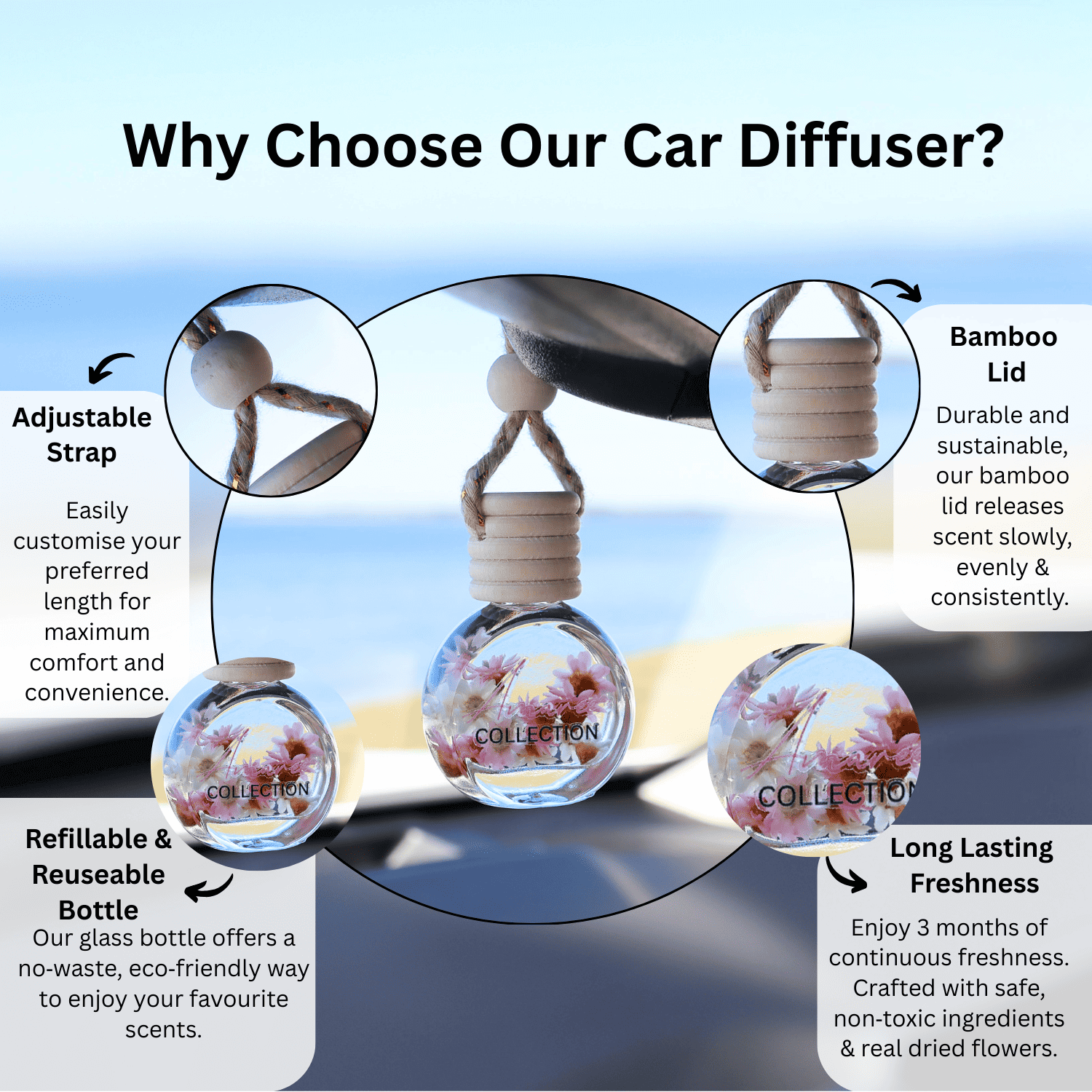 Sheer Lily & White Rose Car Diffuser hanging in car with adjustable strap, bamboo lid, refillable bottle and long lasting fresh floral scent