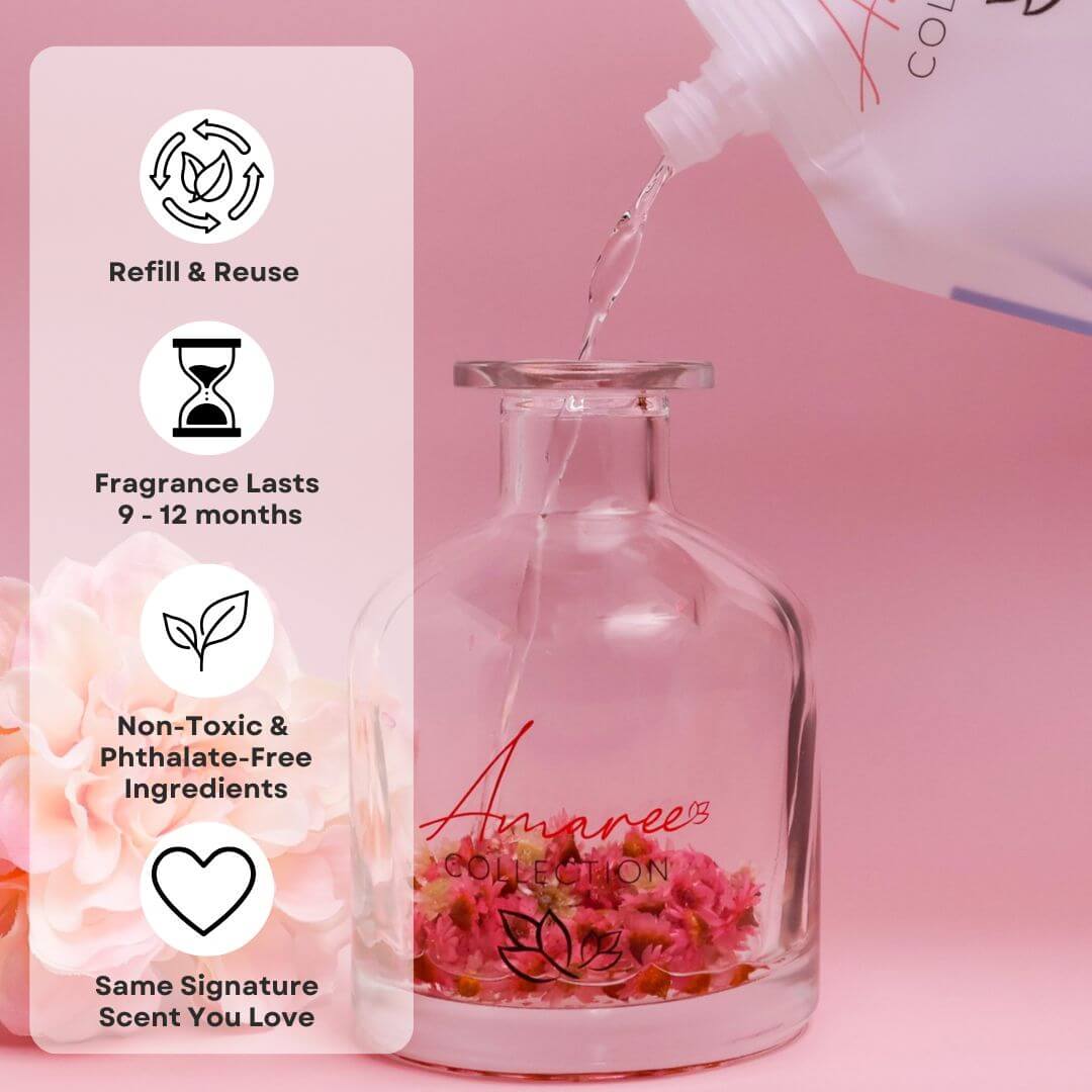 Sheer Lily & White Rose Reed Diffuser Refill 250ml being poured into a stylish glass diffuser for refreshing fragrance.