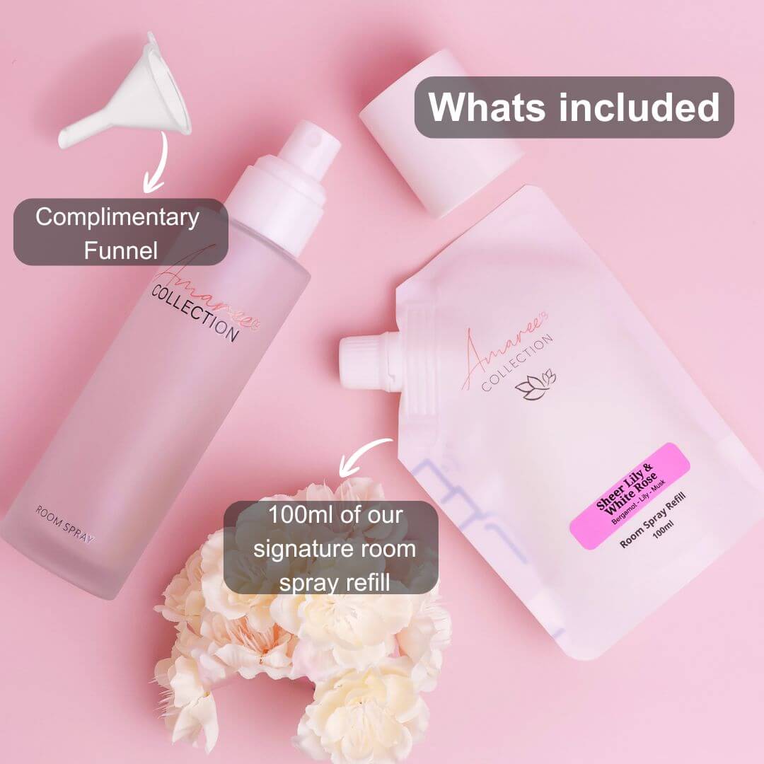 Sheer Lily & White Rose Room Spray Refill 100ml with complimentary funnel and room spray refill package.