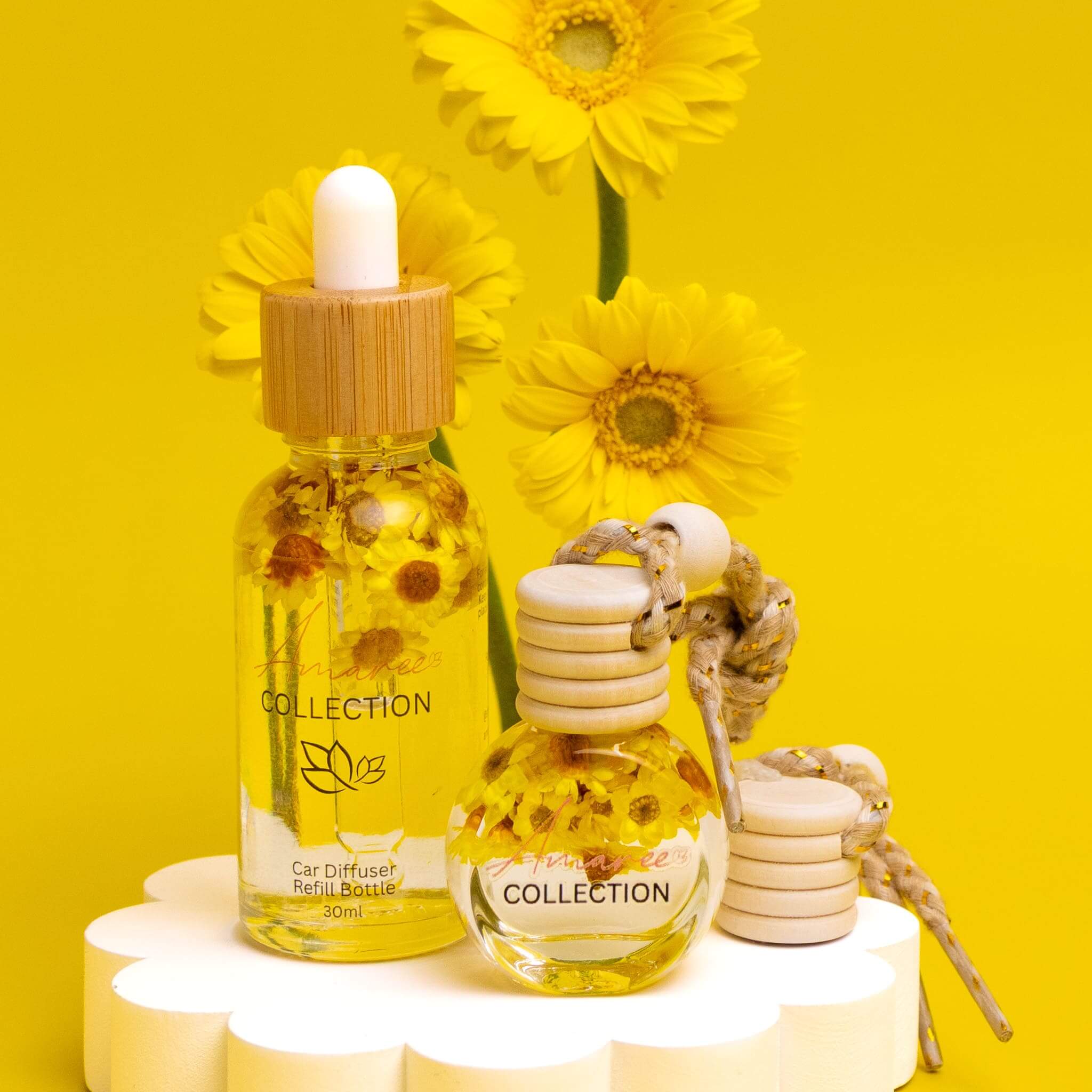 Vanilla Patchouli & Sandalwood Car Diffuser Kit with floral details on a bright yellow background.