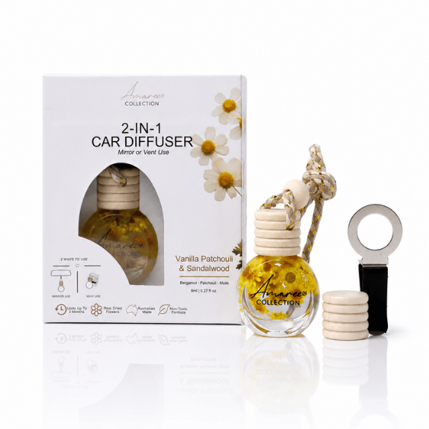 An Aroma Collection 2-in-1 Car Diffuser bottle with its packaging box, a wooden cap, and a metal diffuser wand on a white reflective background.