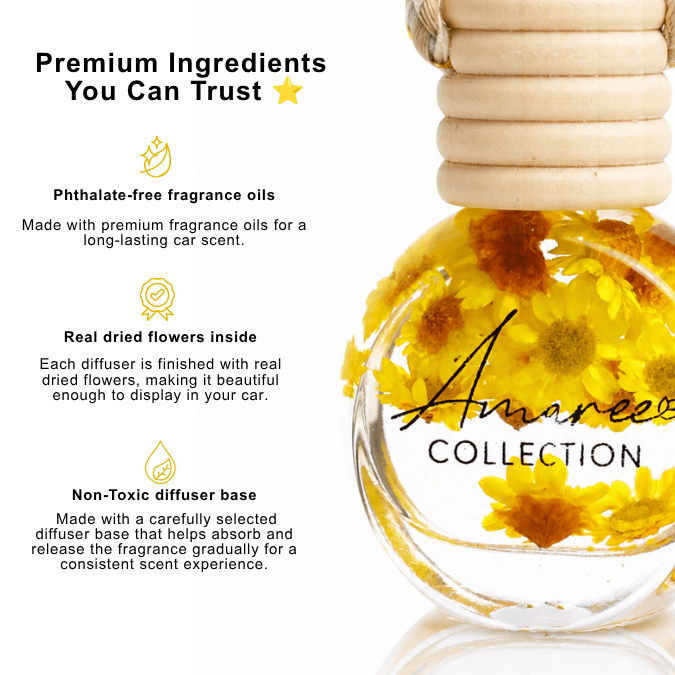 A clear glass car diffuser bottle with a light wood stopper, filled with yellow dried flowers, on a white background with promotional text about premium ingredients and real dried flowers inside.