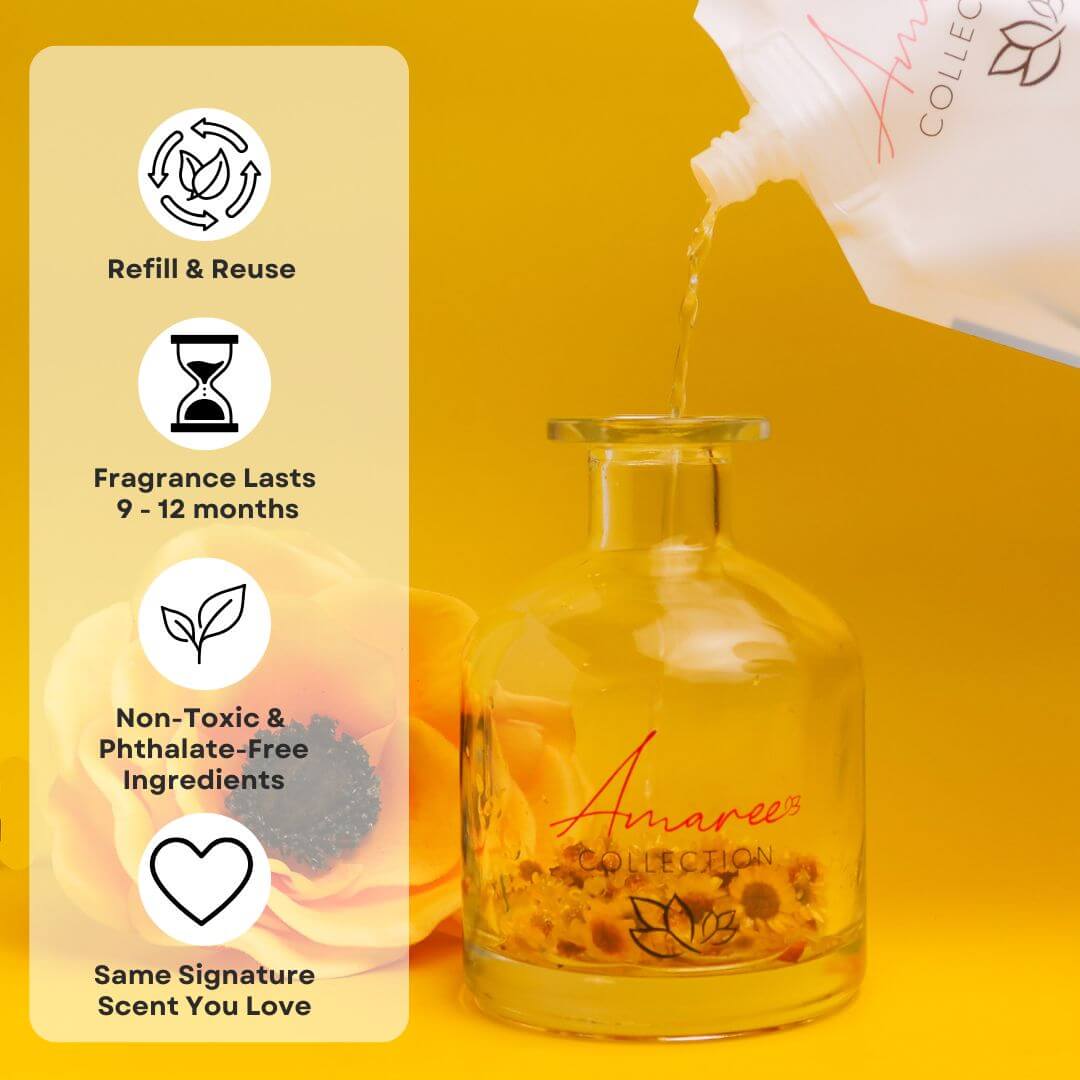 vanilla patchouli reed diffuser refill being poured into reusable glass bottle, long lasting non-toxic home fragrance