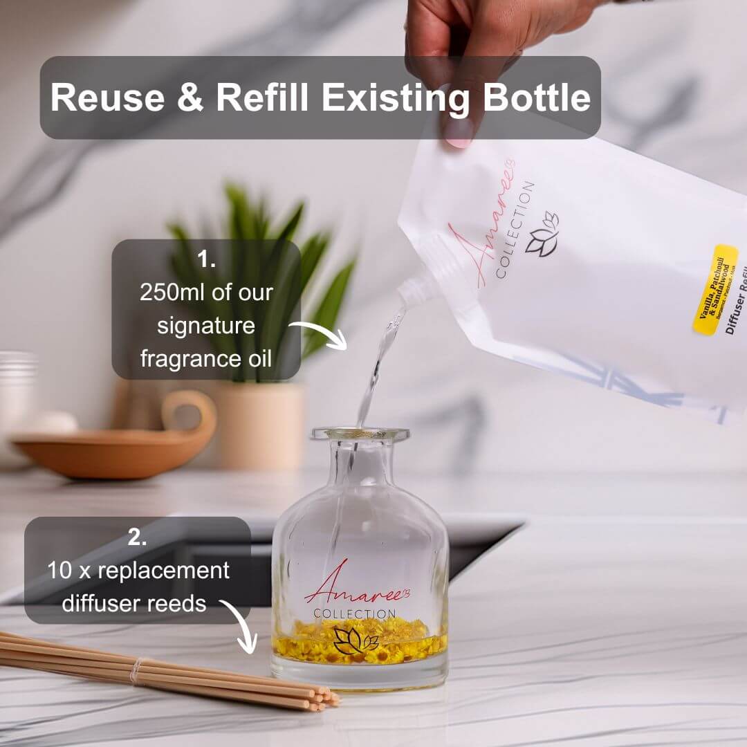 vanilla patchouli reed diffuser refill being poured into glass bottle with replacement reeds, warm earthy comforting home fragrance