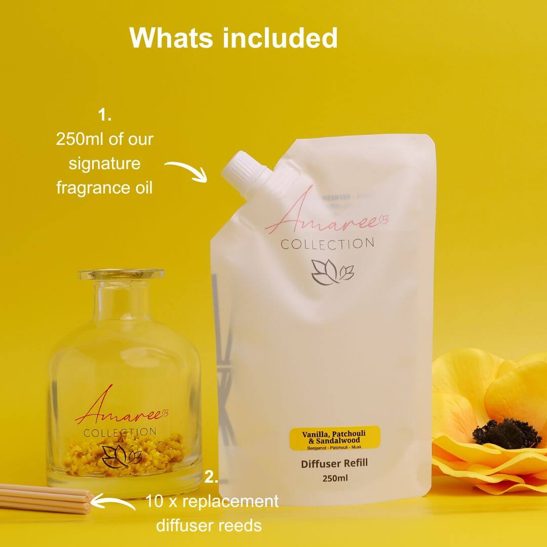 vanilla patchouli reed diffuser refill 250ml set with signature fragrance oil and 10 replacement reeds on yellow background