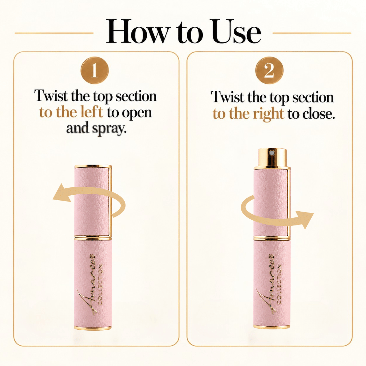pink and gold refillable perfume case against a white background with instructions on how to use
