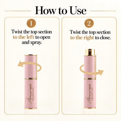 pink and gold refillable perfume case against a white background with instructions on how to use