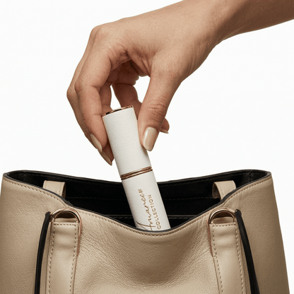 A hand with beige manicured nails reaches into a light beige leather tote bag and pulls out a slim white cylindrical cosmetic tube with gold trim and black text reading &