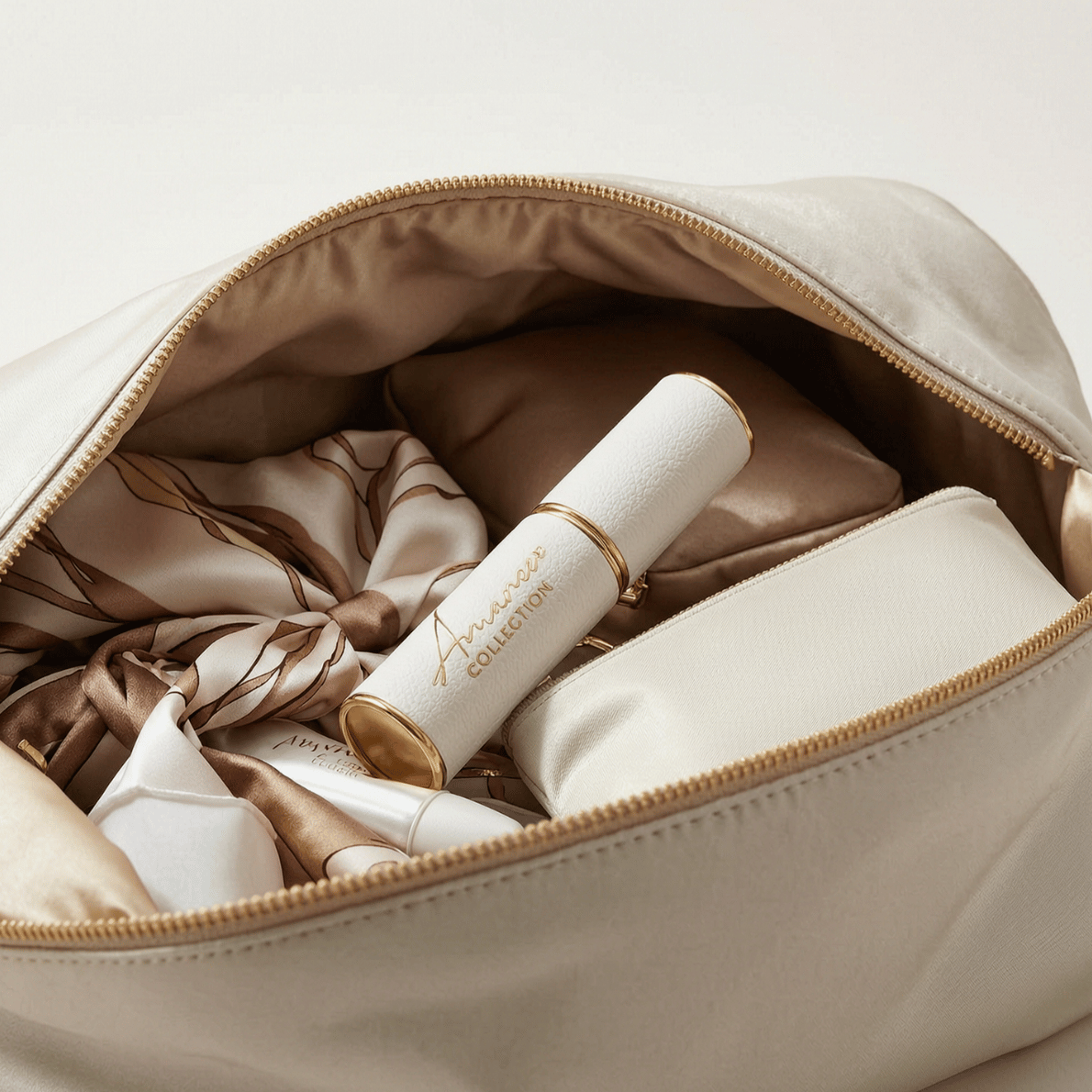 An open beige cosmetic bag with a gold zipper, shown filled with matching beige and white cosmetics and a satin scarf. The lipstick tube is branded &