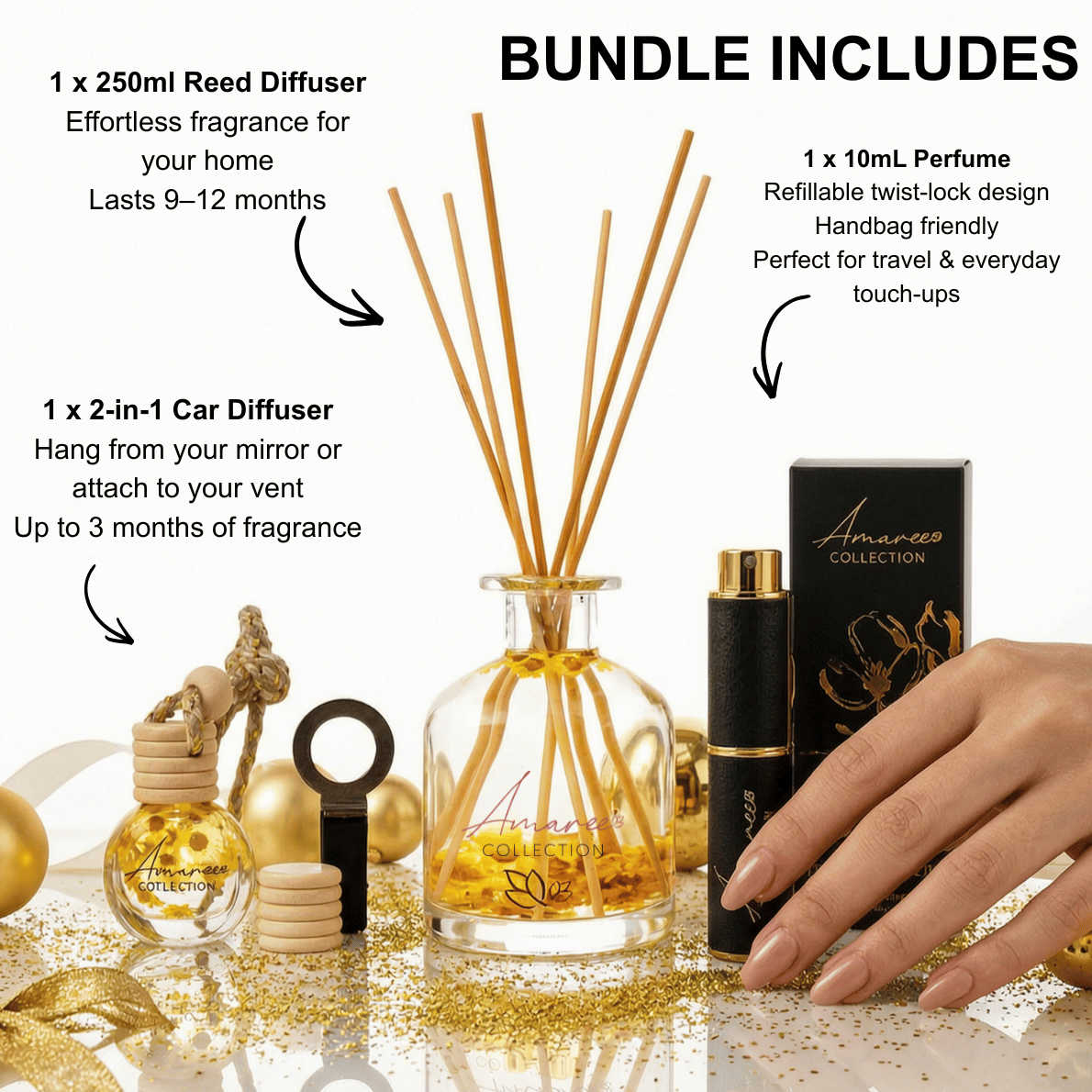 A bundle of Amaree Collection diffusers and perfume shown on a white background with promotional text. The set includes a large clear glass reed diffuser bottle with wooden reeds, a small perfume bottle, a black cylindrical perfume tube with a gold cap, a black Amaree Collection box, gold diffuser stands, and gold decorative elements.