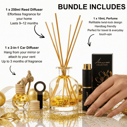 A bundle of Amaree Collection diffusers and perfume shown on a white background with promotional text. The set includes a large clear glass reed diffuser bottle with wooden reeds, a small perfume bottle, a black cylindrical perfume tube with a gold cap, a black Amaree Collection box, gold diffuser stands, and gold decorative elements.
