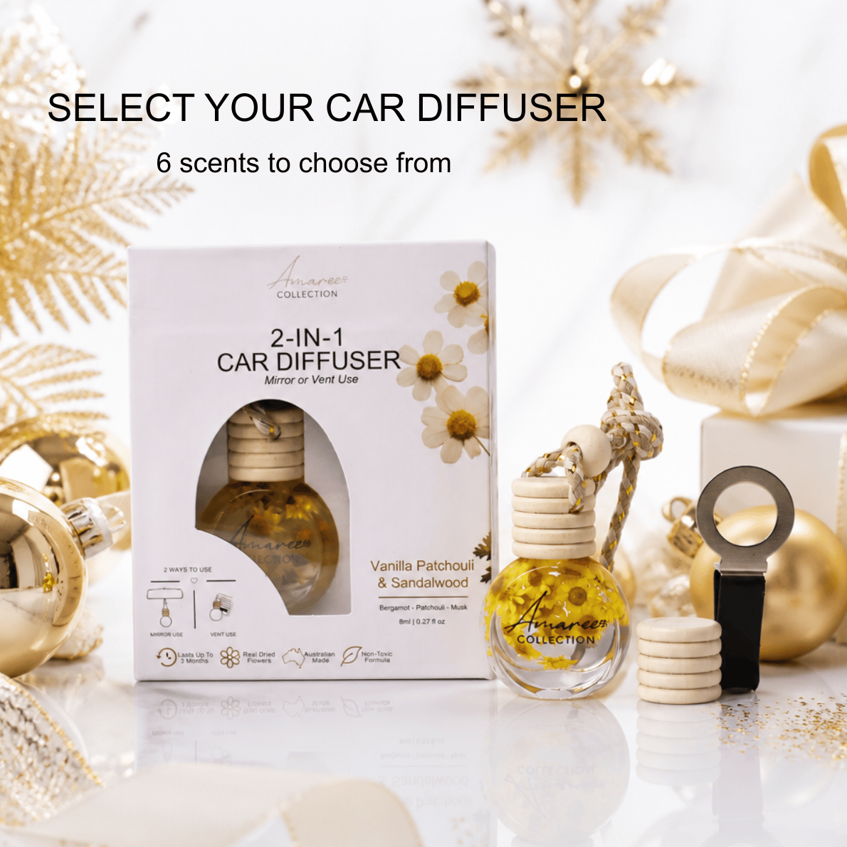 A car diffuser product display with its white retail box, a small round glass bottle filled with yellow liquid and dried flower pieces, a wooden cap, and a black plug, arranged on a white surface with holiday ornaments and ribbons. Text at the top reads &