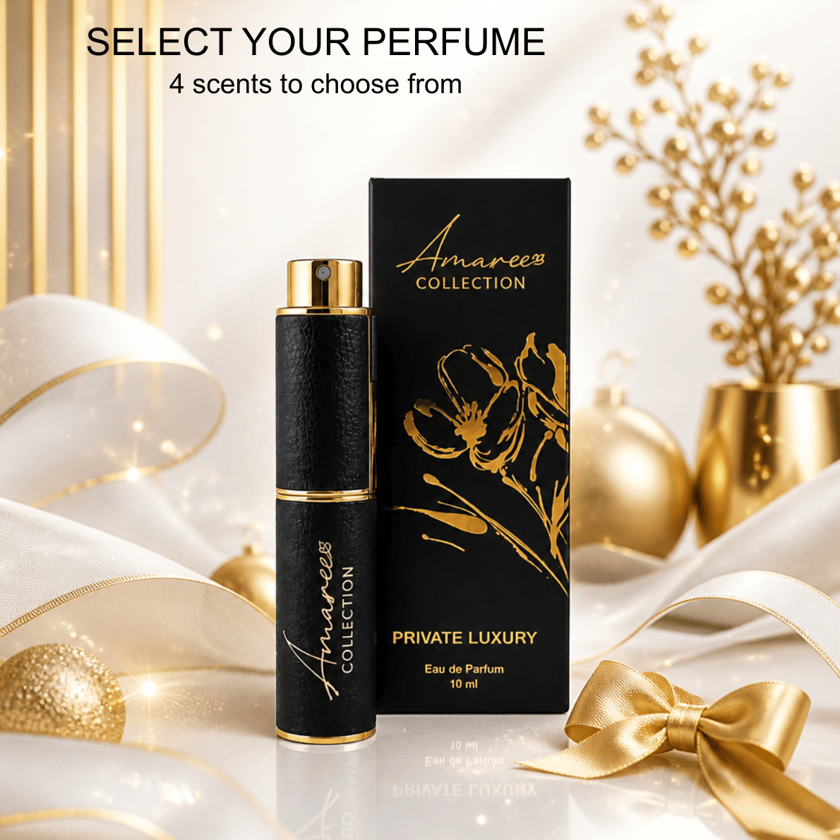 A perfume bottle and its matching box from Anarves Collection Private Luxury, styled with gold ribbons, decorative gold ornaments, and white draped fabric on a reflective surface.