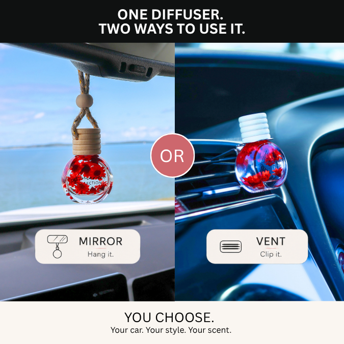 A promotional comparison graphic for a car air freshener diffuser, showing two usage options: hanging from a rear-view mirror on the left and clipping onto the car air vent on the right. The product is a clear glass bottle filled with red and blue marbled liquid, suspended by a rope and wood cap on the left, and with a white screw base on the right.