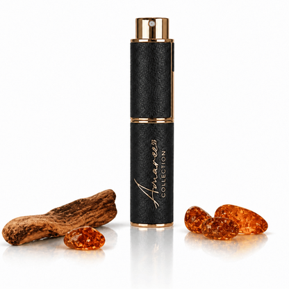 A black textured refill perfume bottle with gold trim and a gold cap, standing upright on a white reflective surface. The bottle is branded &