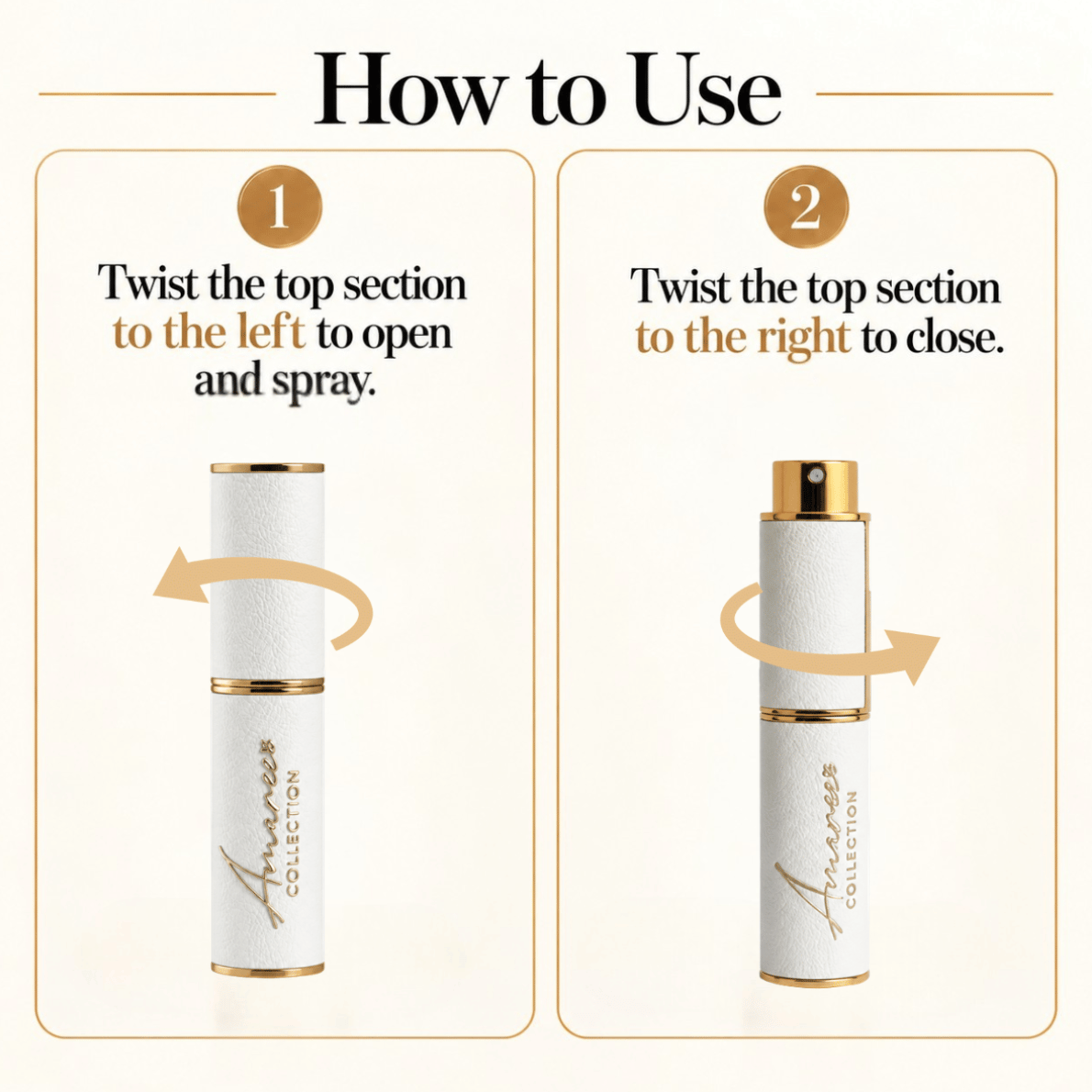 Instruction diagram showing how to use a white and gold cosmetic spray bottle. Step 1 shows the bottle with text reading &