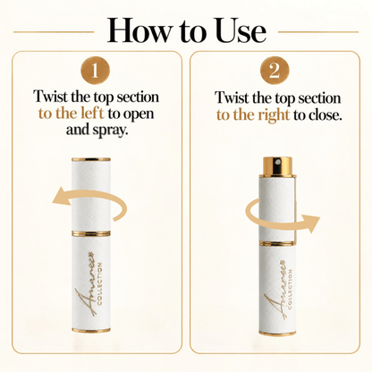 Instruction diagram showing how to use a white and gold cosmetic spray bottle. Step 1 shows the bottle with text reading &