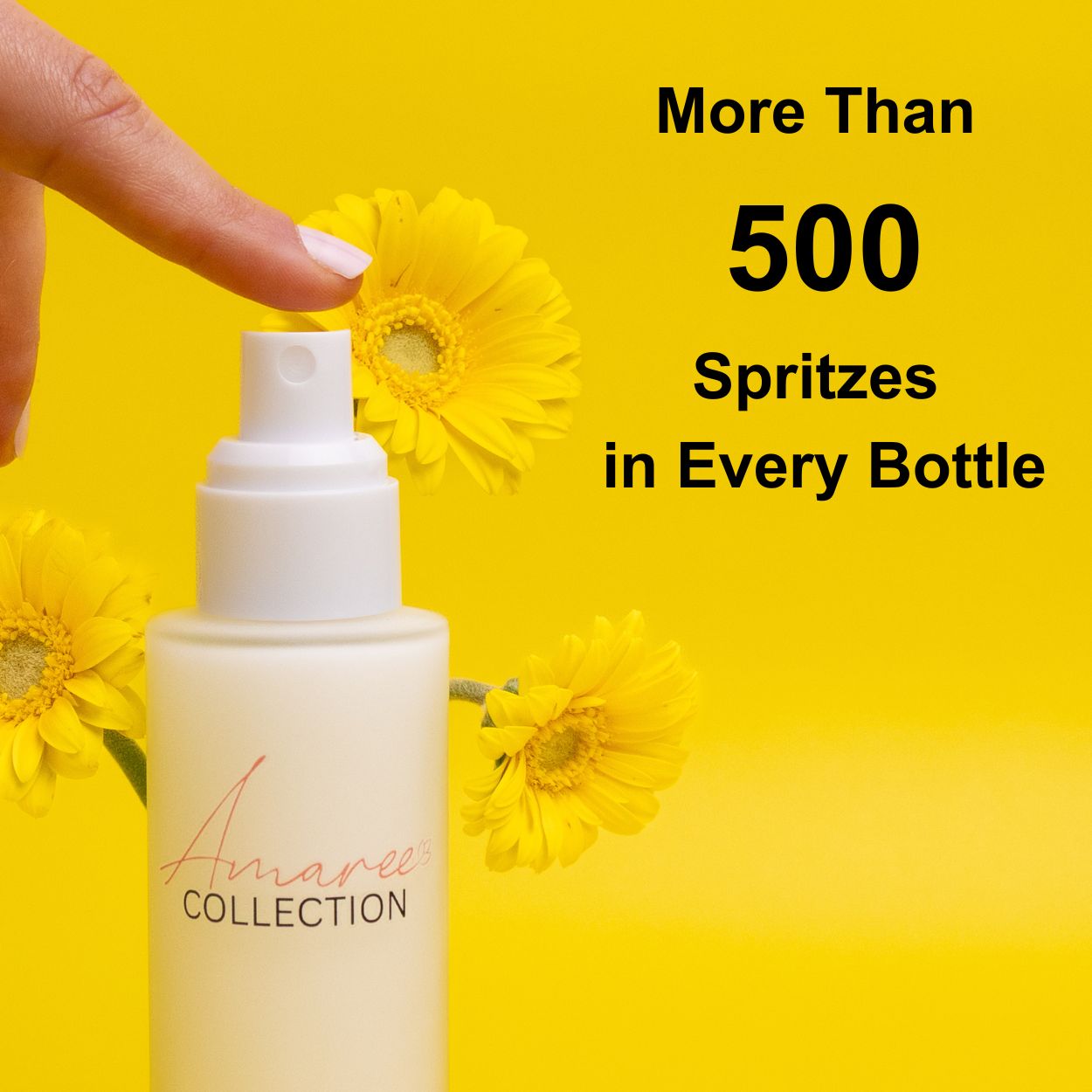 Amaree Collection bottle with a hand holding a spritzer against a yellow background with flowers.