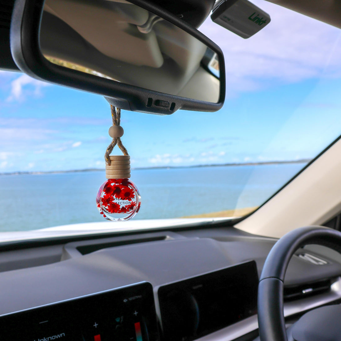 Black Raspberry &amp; Vanilla Car Diffuser hanging from a car mirror with scenic view in the background.