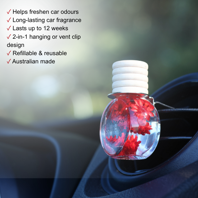 A clear car air freshener bottle with a white ribbed cap clipped onto a car dashboard vent. The bottle contains clear liquid with red flower-shaped inserts.