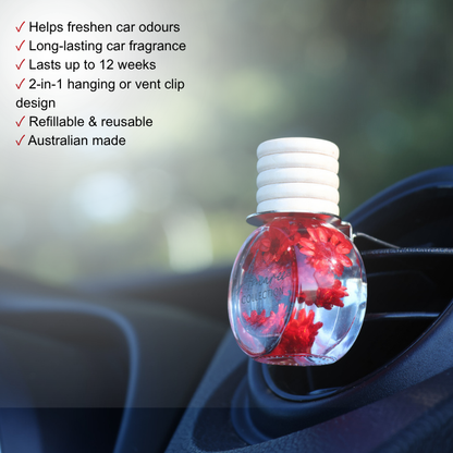 A clear car air freshener bottle with a white ribbed cap clipped onto a car dashboard vent. The bottle contains clear liquid with red flower-shaped inserts.
