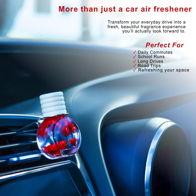 A car air freshener dropper bottle with red flowers inside, inserted into a car air vent. The image includes marketing text highlighting its use for daily commutes, school runs, long drives, and road trips.