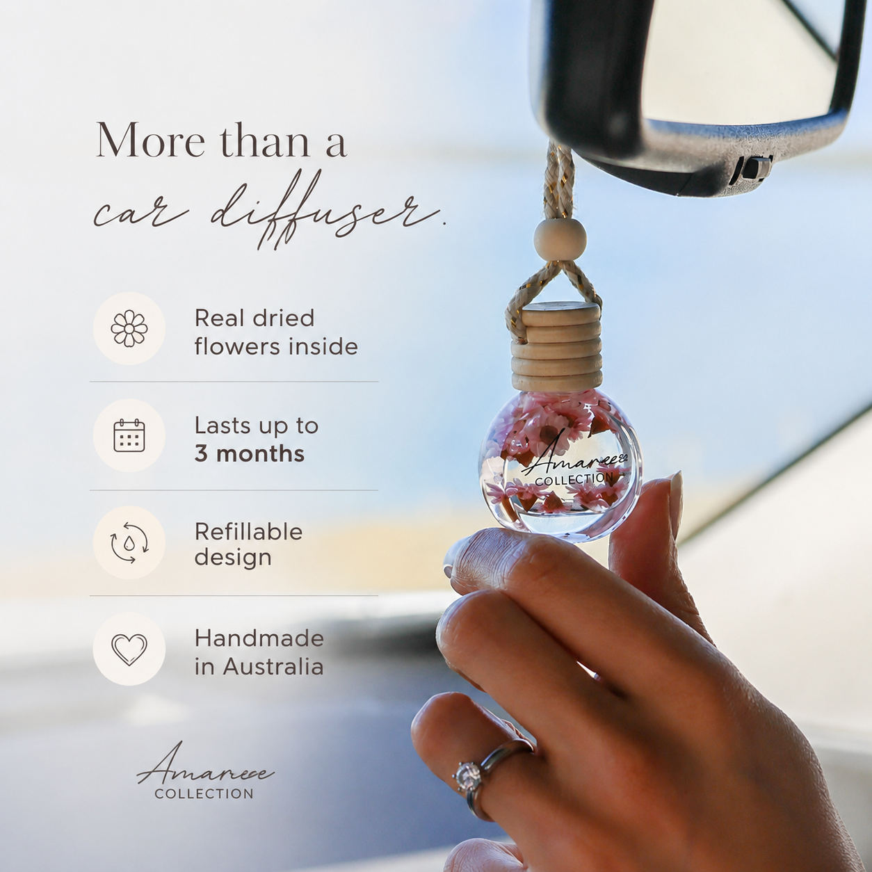 Car diffuser with real dried flowers, held by a hand, against a blurred car interior background.